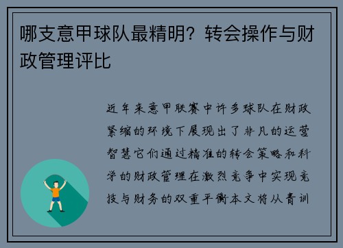 哪支意甲球队最精明？转会操作与财政管理评比